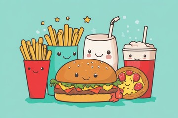 Colorful cartoon fast food characters create a cheerful gathering of burgers, fries, and drinks in a playful arrangement