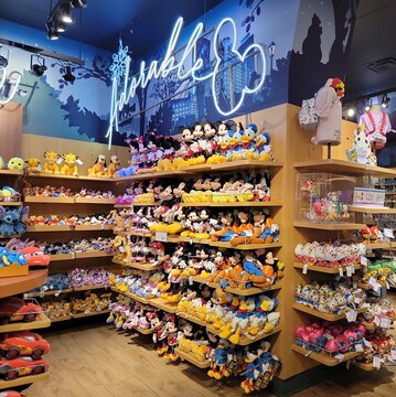 Disney store, 1540 Broadway, New York, NY, USA, sells gear for Disney fans, costumes, gifts for adults and kids, toys, games, stuffed animals, more. Photograph by Artist Nadia Russ.
