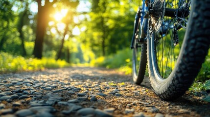 Naklejka premium Bicycle in the park, close-up of bike tires on the path, green trees and sunlight