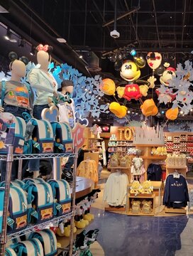 Disney store, 1540 Broadway, New York, NY, USA, sells gear for Disney fans, costumes, gifts for adults and kids, toys, games, stuffed animals, much more. Photograph by Artist Nadia Russ.