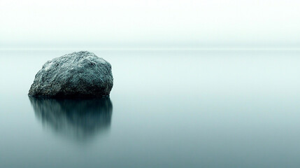 A large rock sits in the middle of a flowing river with surrounding water gently moving around it creating a sense of calm amidst the chaos, with a bright tone and empty space for text on the side

