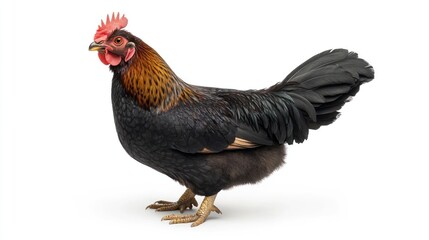 Fototapeta premium Portrait of a Black Hen on a White Background - Ideal for Educational or Agricultural Use