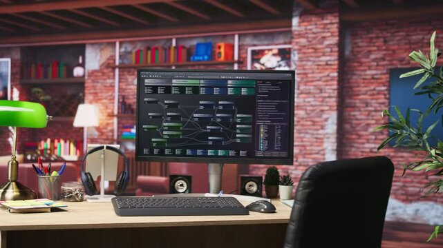 Programming software UI on computer monitor in apartment office. Machine learning application on PC screen used to write and test code in modern apartment, handheld camera shot