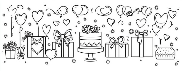 Whimsical line art illustrations for weddings, birthday parties, and Valentine's Day. Incorporating vintage ink details, ideal for logos, invitations, cards, and greetings. Includes artistic