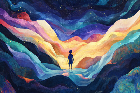 Inner child figure exploring a colorful abstract landscape filled with waves of vibrant hues and cosmic stars