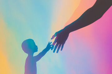 Inner child connects with adult self through gentle touch in abstract light