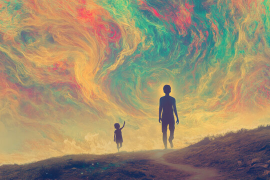Exploring the connection between inner child and adult self in a colorful dreamlike landscape