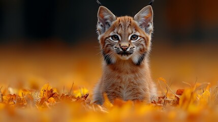 Eurasian lynx kitten autumn leaves forest wildlife nature