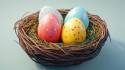 Obraz premium Colorful easter basket with handmade eggs for holiday decoration