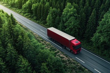 Fototapeta premium Red Truck Driving on an Empty Road Through a Lush Green Forest Surrounded by Tall Trees and Scenic Nature, Perfect for Transportation and Logistics Themes