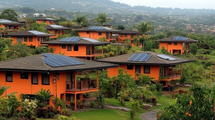 Obraz premium Eco Friendly Orange Houses with Solar Panels on Hillside