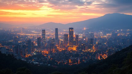 Obraz premium Vibrant Cityscape at Dusk with Illuminated Skyline and Mountain Silhouette