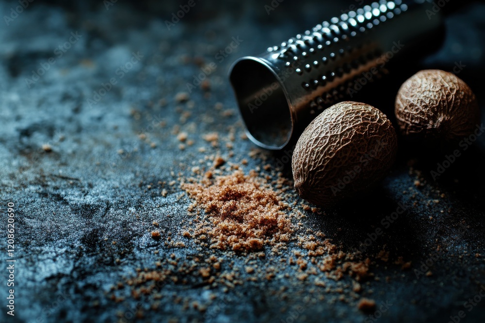 Poster grated nutmeg with microplane on a rustic background captured in moody lighting – a culinary delight