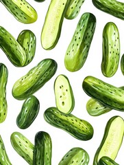 Watercolor Pickles Pattern - Happy Green Cucumbers