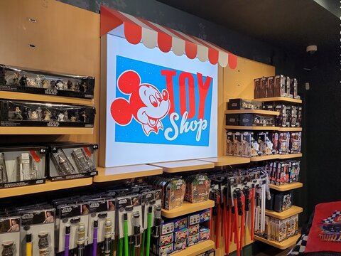 Disney store, 1540 Broadway, New York, NY, USA, sells gear for Disney fans, costumes, gifts, toys, games, stuffed animals, much more.Photo by Artist Nadia Russ. 