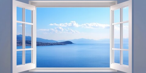 Bright morning view from an open window overlooking the serene sea and distant mountains © InfiniteStudio