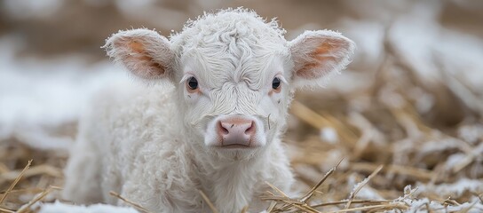 Fototapeta premium Fluffy white calf in snowy barn. Winter farm scene. Calf portrait