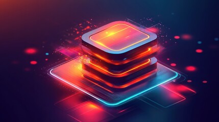 Glowing digital data cubes on platform.