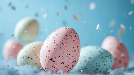 Obraz premium Ultra realistic easter holiday banner with decorative eggs falling in soft focus