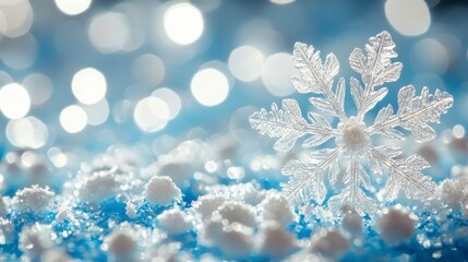 Sparkling Crystal Snowflake on Blue Winter Background with Bokeh Lights and Snow