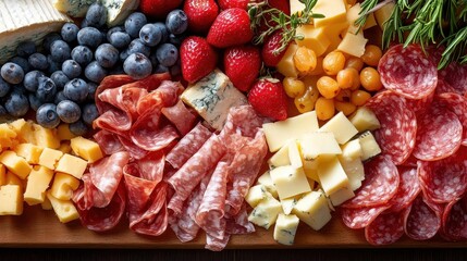 Charcuterie board, close-up of various cheeses, meats, and fruits arranged beautifully on a wooden board