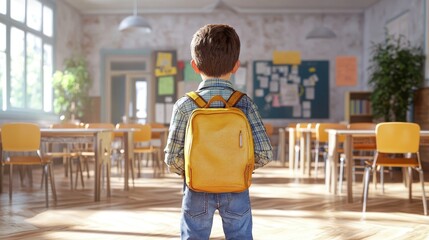Young boy with backpack in classroom facing bulletin board in bright school setting