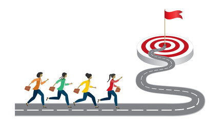 Group of women running on winding road to goal. Isolated. Vector illustration.