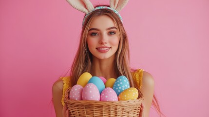 Cheerful woman in bunny ears holding colorful easter egg basket for spring celebrations