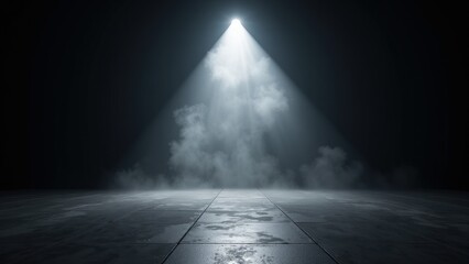 A captivating close-up view captures spotlights casting triangular beams onto a sleek black tile, illuminating an indoor stage with dramatic flair