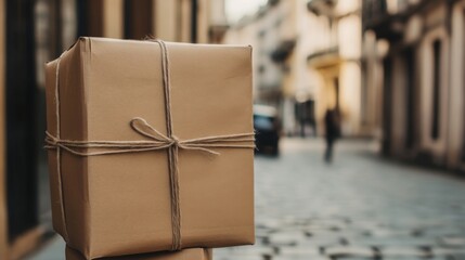 A rustic brown package tied with twine sits on a cobblestone street.