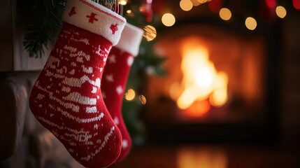 Christmas stocking by fireplace, close-up of stockings hanging, fire crackling in the background