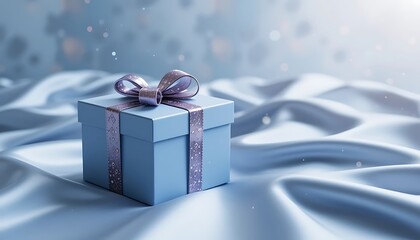 A Blue Gift Box With Silver Ribbon Rests On Silk
