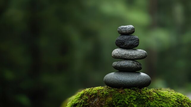 Balanced gray stones stacked on mossy rock in forest.