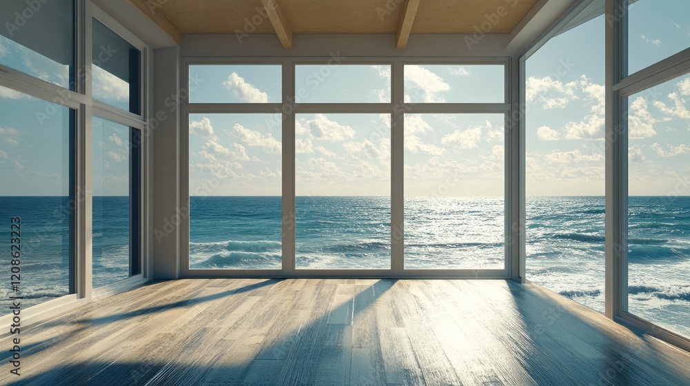 Poster sunlit ocean view through large windows in modern empty room