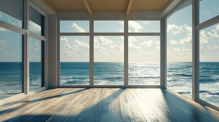 Obraz premium Sunlit ocean view through large windows in modern empty room