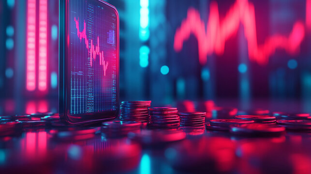 A pile of shiny slick coins symbolizing wealth and success with a blurred digital device showing growth trends beside it and an empty space for captions representing potential and opportunity

