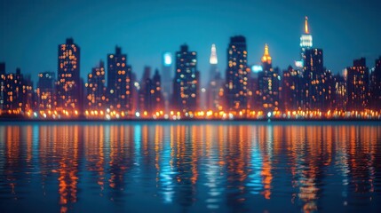 Obraz premium City skyline at night, close-up of city lights reflecting on water, soft glow from skyscrapers