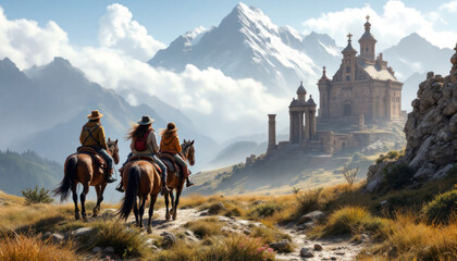 Naklejka premium Majestic Mountain Church: Horseback Riders Journey