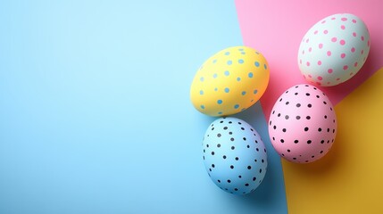 Colorful easter egg arrangement on vibrant pastel background for festive design