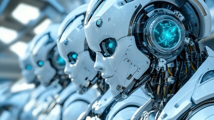 Obraz premium Futuristic White Robots in a Row Advanced AI Technology Close Up View