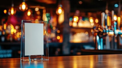 Blank menu stand on bar counter, blurred background.