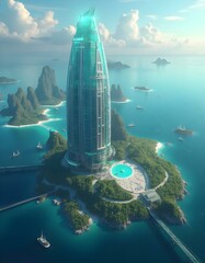 Futuristic floating city design on a clear blue sea, with dome-shaped buildings sparkling in the sunlight