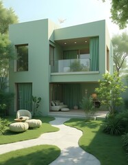 A minimalist futuristic house with a glass and metal design, surrounded by an automated green garden