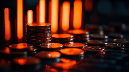 A pile of shiny slick coins symbolizing wealth and success with a blurred digital device showing growth trends beside it and an empty space for captions representing potential and opportunity

