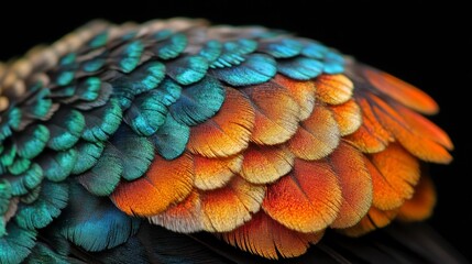 Obraz premium Vivid Bird Feathers Close up Teal Orange and Gold Plumage Texture