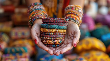 Cultural exploration, close-up of hands holding local crafts, vibrant market in the background