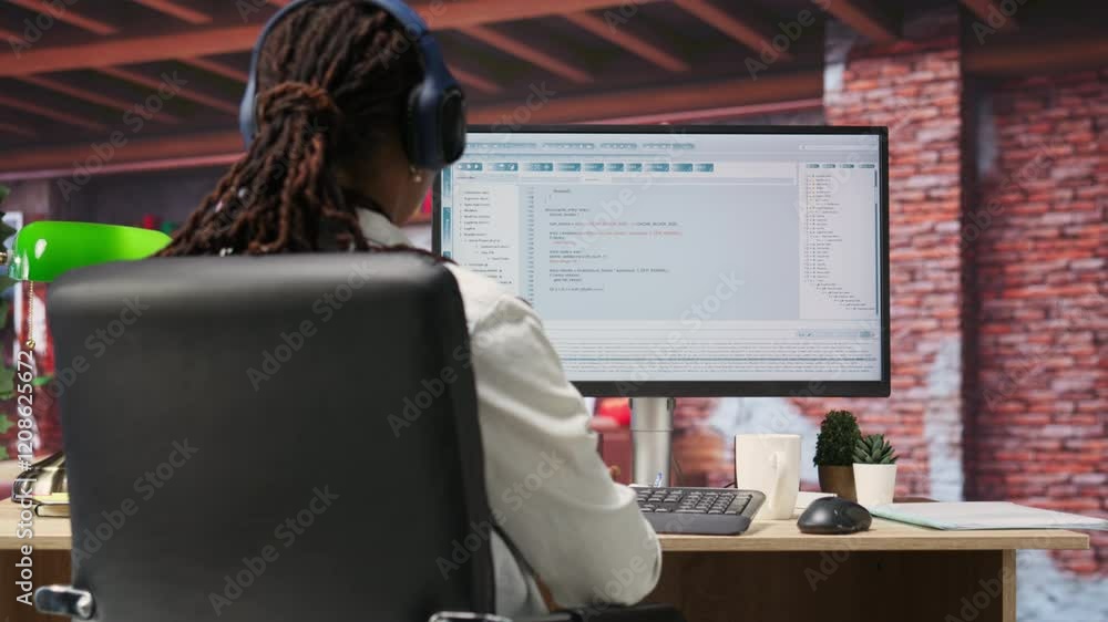 Poster Programmer wearing headphones types code into PC, developing software programs, entering commands. Woman at home fixing errors in application, implementing new features, listening music, camera B