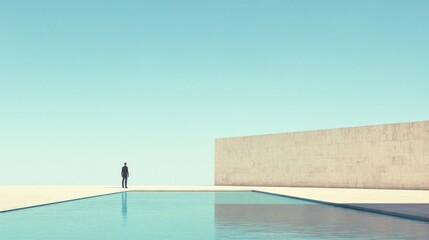 Man standing by minimalist pool and wall under clear sky.