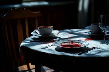 Bloody dinner table, dark room, crime scene investigation