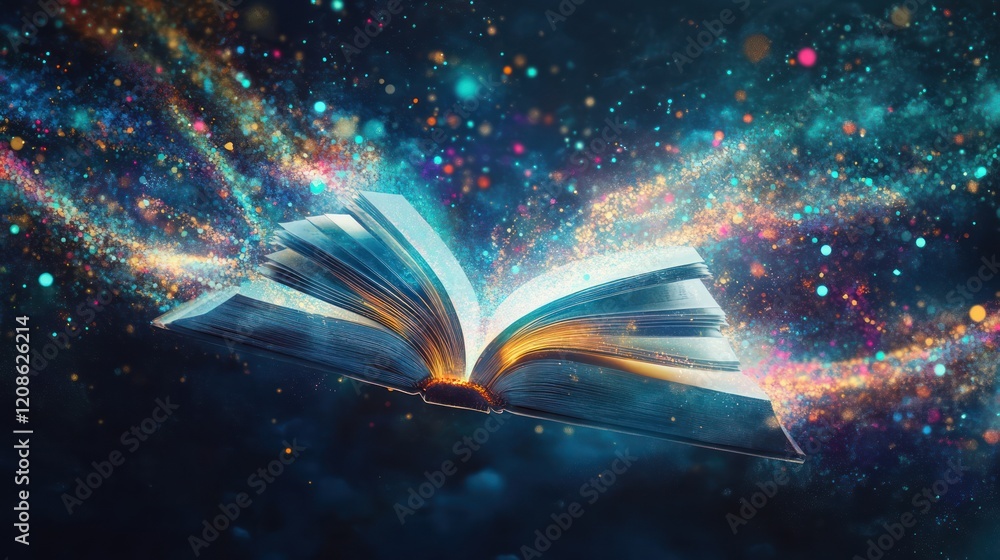 Aufkleber open book with magical colorful light particles floating in dark abstract space